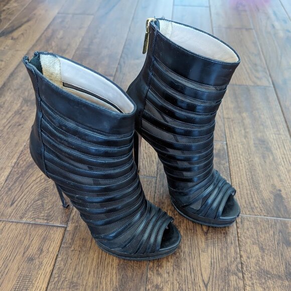 Herve Leger Mesh and Leather Peep Toe Booties Size 37 - Picture 1 of 6